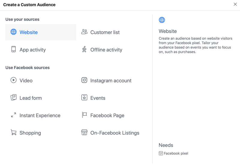 Opzioni del menu del pubblico personalizzato dell'annuncio Facebook con l'opzione di origine del sito Web selezionata
