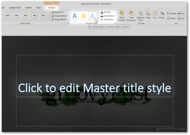 Modello di Office 2013 Crea Crea design personalizzato POTX Personalizza diapositive Tutorial Come in stile WordArt Carattere colore Proprietà Preimpostazione testo Modifica