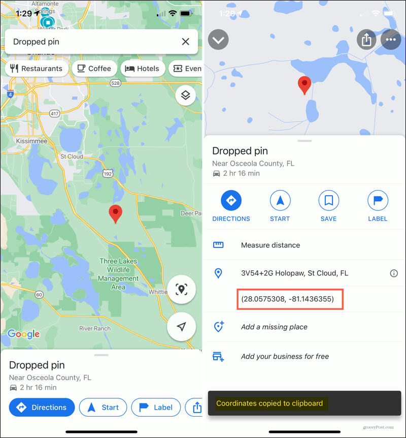 Pin rilasciato per iPhone in Google Maps