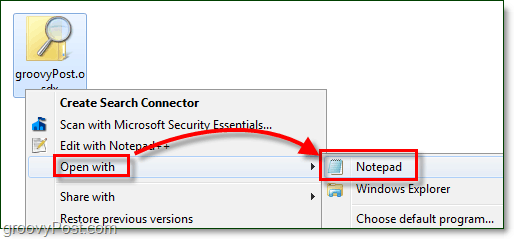 aprire un connettore di ricerca con blocco note per modificarlo in Windows 7