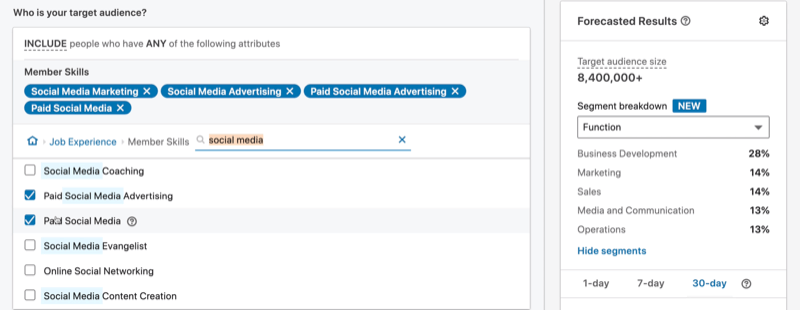 target per le competenze del membro per l'annuncio del messaggio LinkedIn