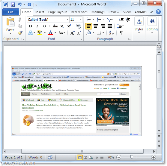 utilizzando una finestra disponibile per uno screenshot in Office 2010