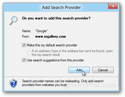 provider di ricerca google ie10 aggiungi conferma