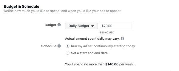 Facebook Ads Manager, sezione Budget & Schedule per set di annunci