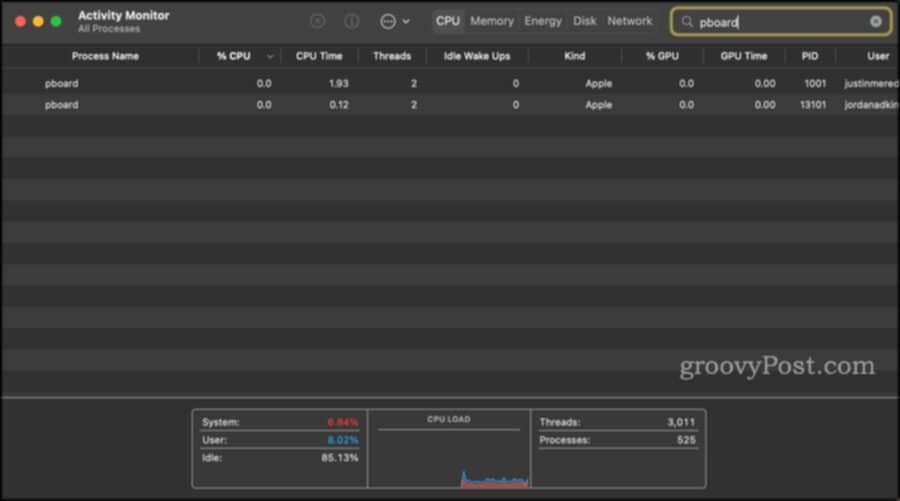 Trova il processo " pboard" in Activity Monitor