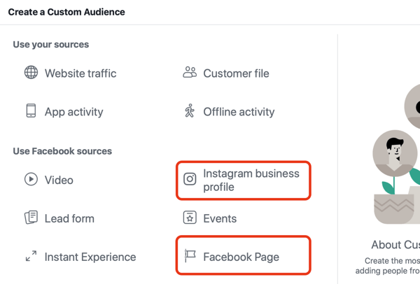 Usa gli annunci di Facebook per fare pubblicità alle persone che visitano la tua pagina Facebook o Instagram, Passaggio 1.
