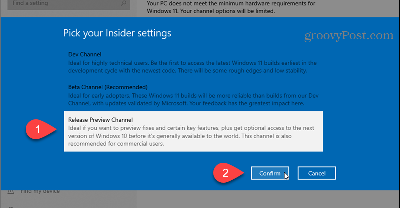 Seleziona il canale di anteprima della versione per il programma Windows Insider