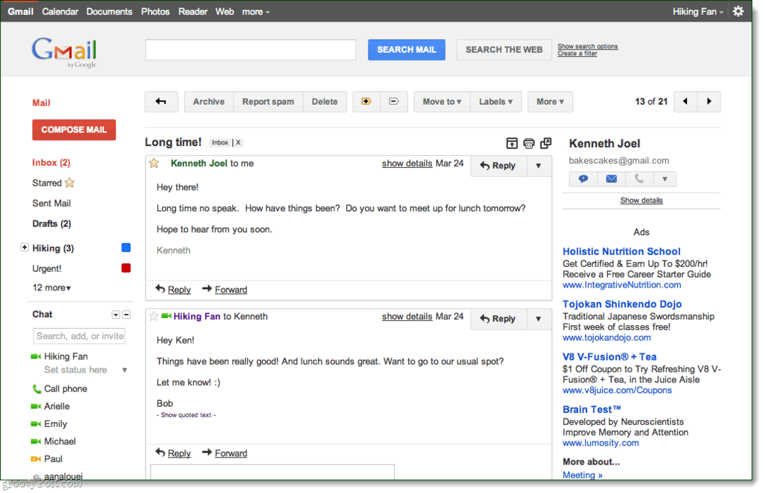 Tema di conversazione di anteprima di Gmail