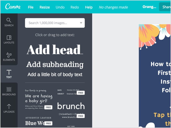 Fai clic sulla scheda Testo per aggiungere contenuti predefiniti in Canva.