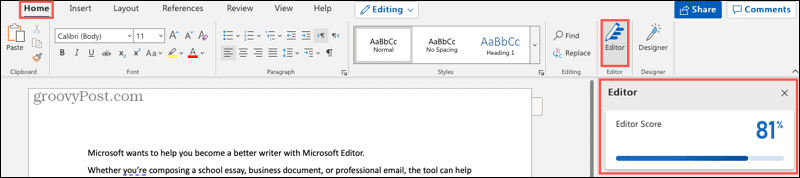 Pulsante e barra laterale di Microsoft Editor in Word online