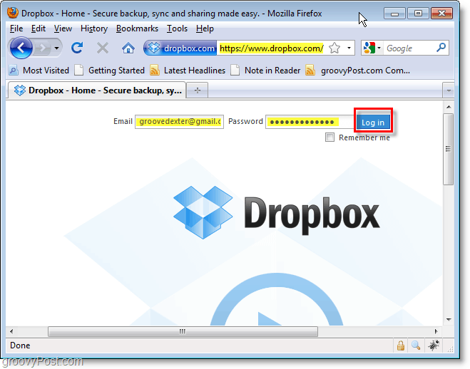 Schermata di Dropbox: accedi a dropbox