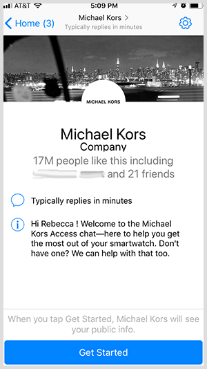 Per attivare un bot di Messenger come quello di Michael Kors, gli utenti fanno clic sul pulsante Inizia.