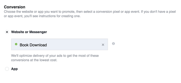 Quando crei il tuo annuncio Facebook, seleziona l'obiettivo Conversione e scegli la conversione personalizzata appena creata.