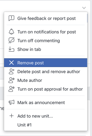 Come migliorare la community del tuo gruppo Facebook, opzione del menu Facebook per rimuovere un post dal tuo gruppo