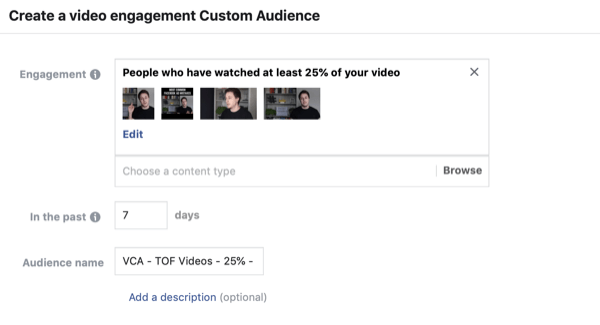 Crea il pubblico personalizzato di Facebook dei visualizzatori di video, passaggio 2.