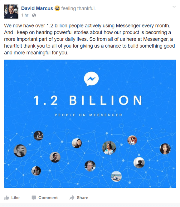 Facebook ha rivelato che attualmente ci sono oltre 1,2 miliardi di persone che utilizzano attivamente Messenger ogni mese.