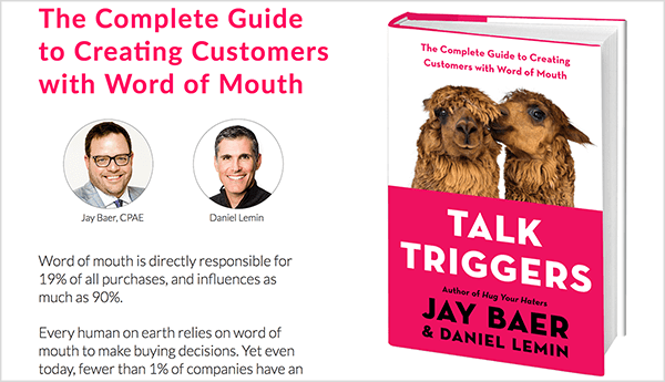 Questo è uno screenshot del sito web di Talk Triggers. A sinistra c'è il testo sul libro e le foto di Jay Baer e Daniel Lemin. Sulla destra c'è la copertina del libro per Talk Triggers.