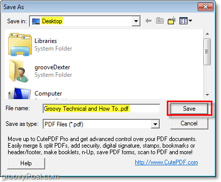 scegli la posizione del file di salvataggio pdf per il tuo pdf appena creato tramite cutePDF in Windows