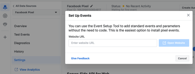 Strumento di configurazione degli eventi di Facebook