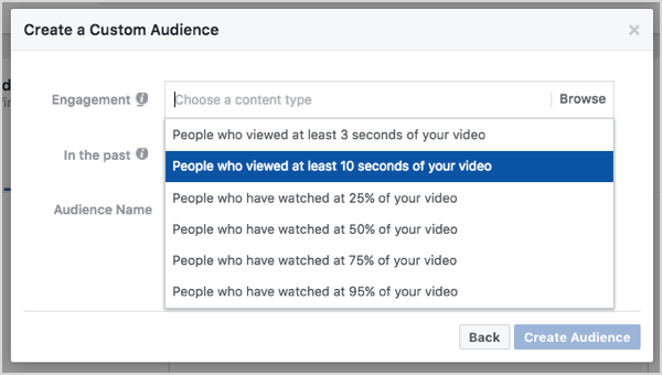 Pubblico personalizzato di Facebook basato su visualizzazioni di video di 10 secondi.