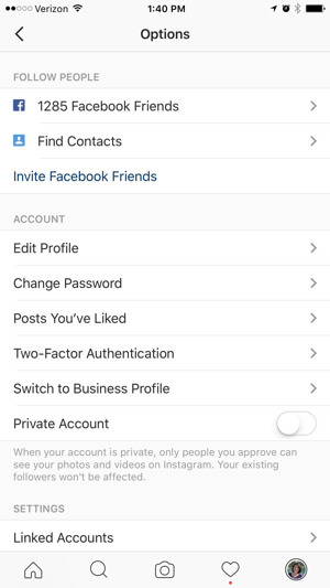 opzioni dei profili aziendali di Instagram