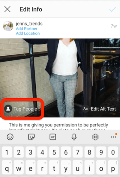 opzione tagga le persone mostrata in fondo a un post di Instagram da @jenns_trends