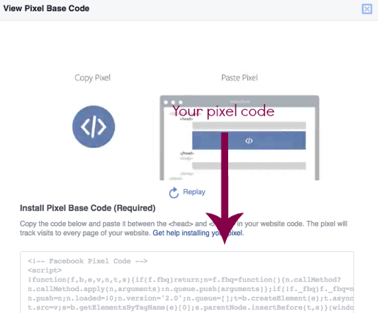 Copia il tuo codice pixel di Facebook direttamente da questa pagina.