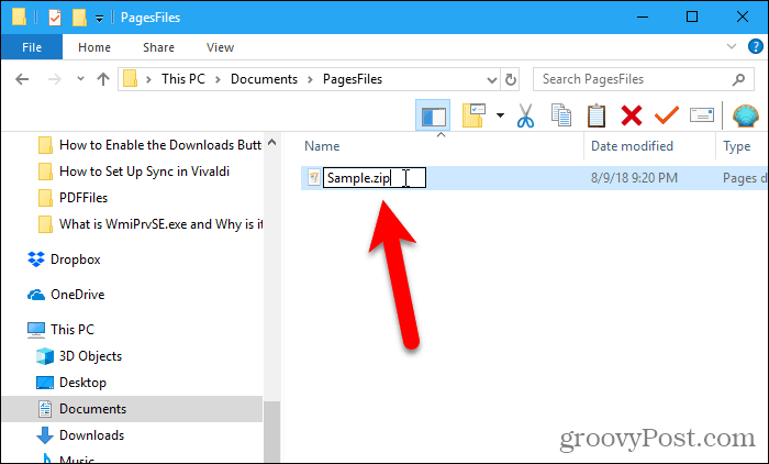 Cambia l'estensione nel file di Pages in .zip