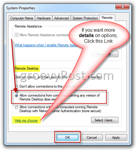Windows 7 - Impostazioni remote Abilita pulsante di opzione RDP