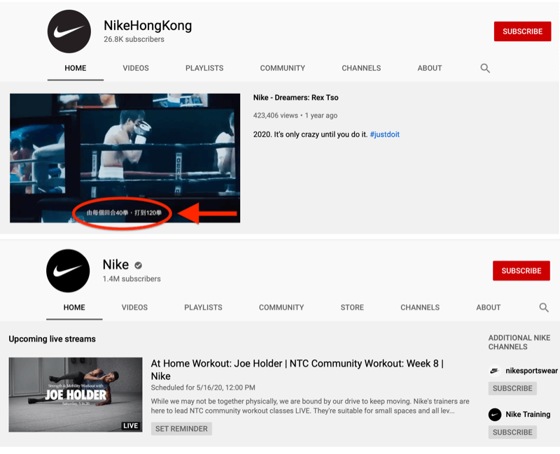 Account YouTube per tutti i mercati Nike e account Hong Kong specifico per il mercato