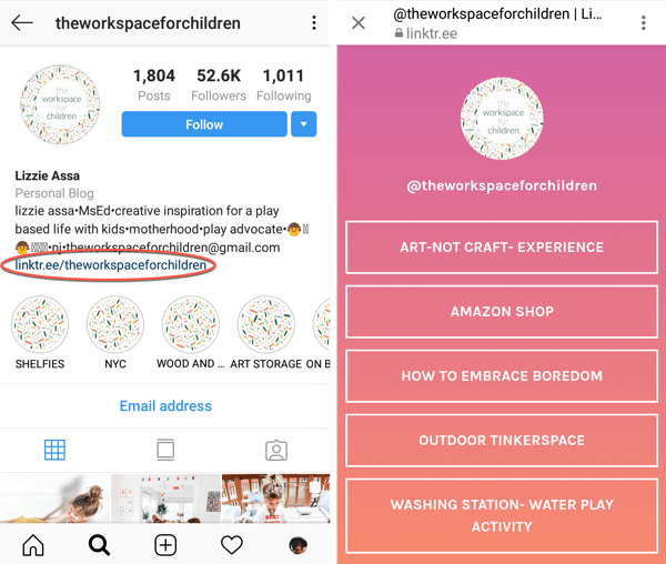 Come aggiungere o condividere un collegamento a Instagram, esempio 3.