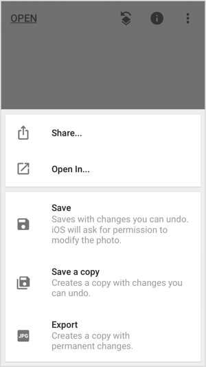 Condividi, salva o esporta la tua immagine in app mobili come Snapseed.