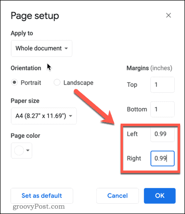 regola i margini in Google Docs