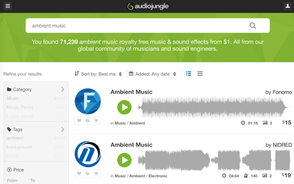 Cerca nella solida libreria di audio e musica royalty-free di AudioJungle a partire da $ 1.