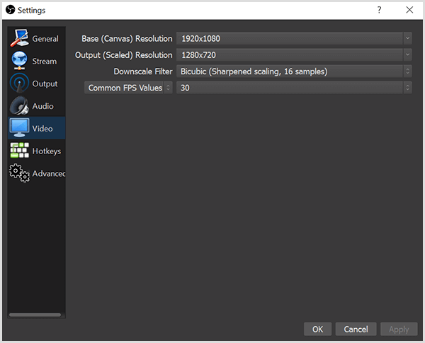 La finestra di dialogo Impostazioni di OBS Studio ha opzioni nella scheda Video per impostare la risoluzione di base e la nostra risoluzione di output. La scatola ha anche opzioni per un filtro di ridimensionamento e FPS o fotogrammi al secondo.