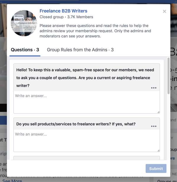 Come migliorare la community del tuo gruppo Facebook, esempio di domande sui nuovi membri del gruppo Facebook da parte di freelance B2B Writers