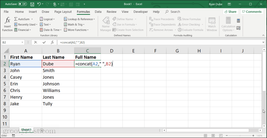 usando la funzione concat in Excel
