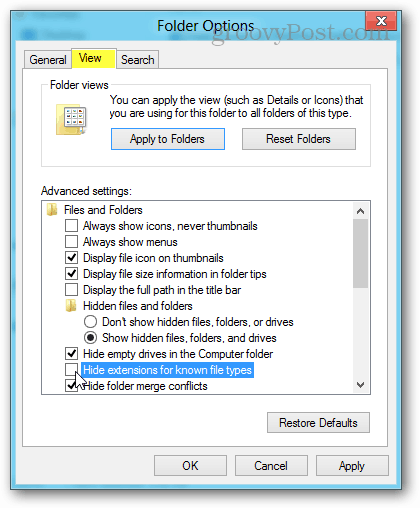 visualizza le opzioni della cartella in Windows 8