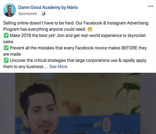 Come scrivere e strutturare post sponsorizzati da Facebook basati su testo più lungo, problema di tipo 1 e soluzione, esempio di Damn Good Academy di Mario