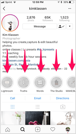 Punti salienti del marchio Instagram sul profilo di Kim Klassen.