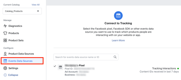Usa lo strumento di configurazione degli eventi di Facebook, passaggio 24, opzione di menu per collegare il pixel di Facebook al tuo catalogo