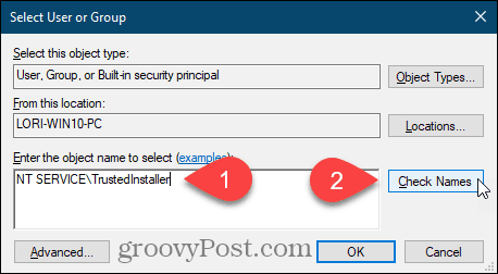 Immettere il nome utente e fare clic su Controlla nomi per una chiave di registro di Windows