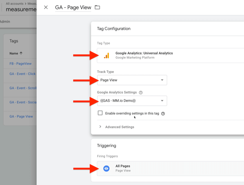 esempio di configurazione di tag di google tag manager chiamata ga - visualizzazione di pagina con tipo di tag impostato su google analytics: universale analisi, tipo di traccia come visualizzazione di pagina, impostazioni di Google Analytics come {{gas - mm.io demo}}, con trigger di attivazione impostati su tutti pagine