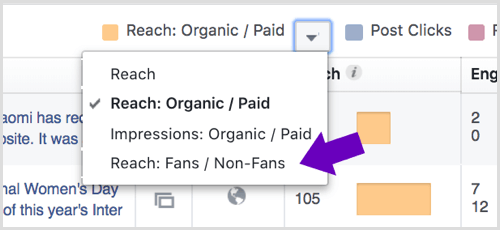 Fai clic sulla freccia accanto a Copertura: organica / a pagamento nelle statistiche della tua pagina Facebook.