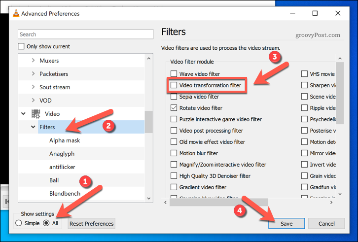 Abilitazione dei filtri di trasformazione video in VLC su Windows