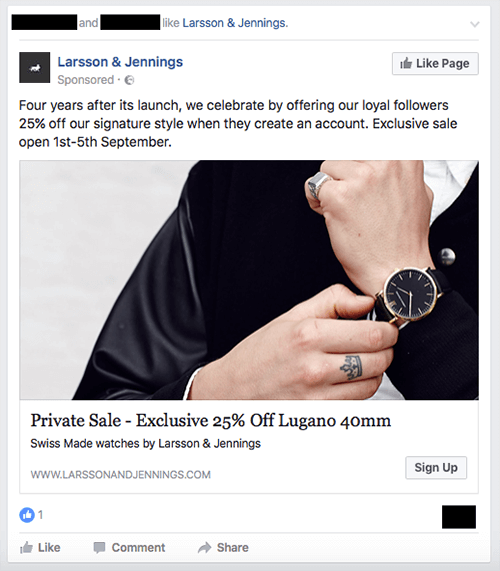Annuncio per una vendita esclusiva del marchio di orologi Larsson & Jennings.
