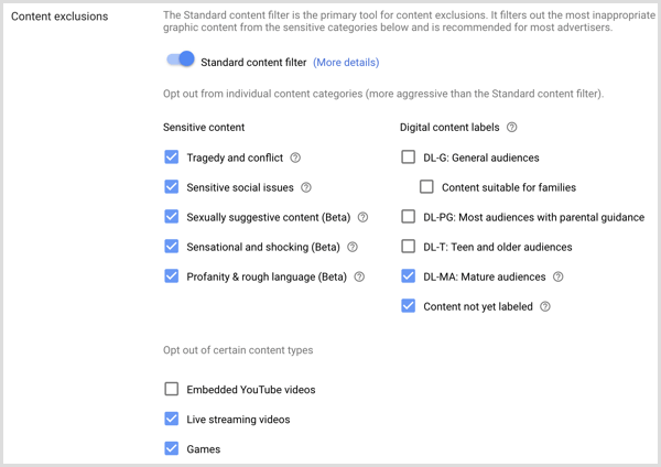 Impostazioni esclusioni di contenuti per la campagna Google AdWords.
