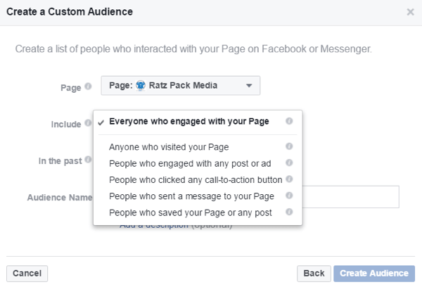 Crea segmenti di pubblico personalizzati in base alle persone che hanno interagito con la tua pagina Facebook.