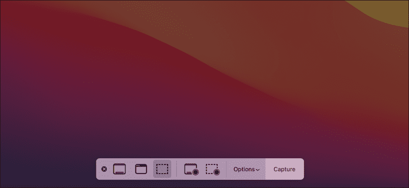 Barra delle opzioni dello screenshot del Mac