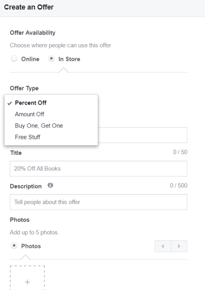Le impostazioni disponibili durante la creazione di un'offerta Facebook.